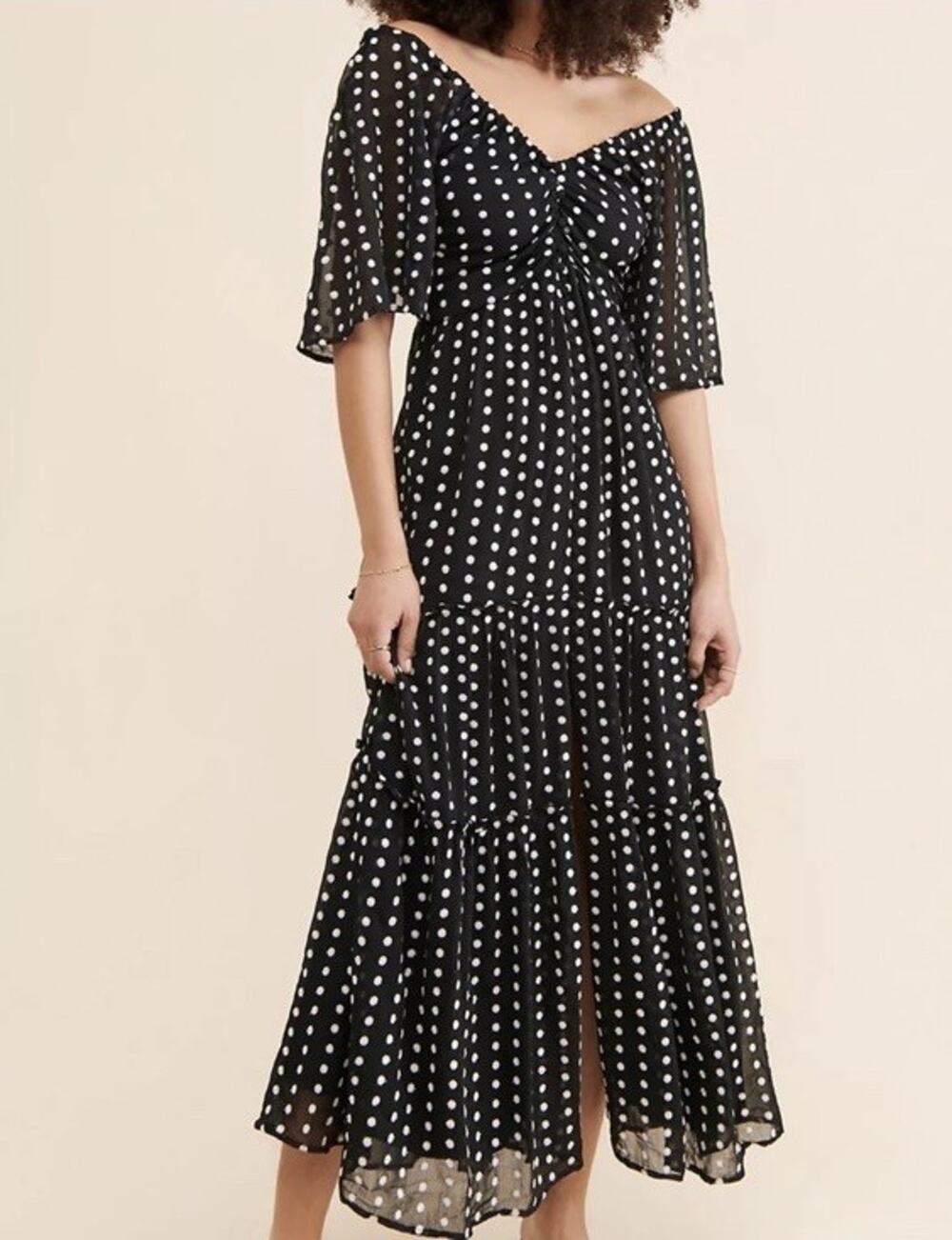By Anthropologie Black Polka Dot Maxi Dress Sheer Flutter Sleeve Tiered Boho Med